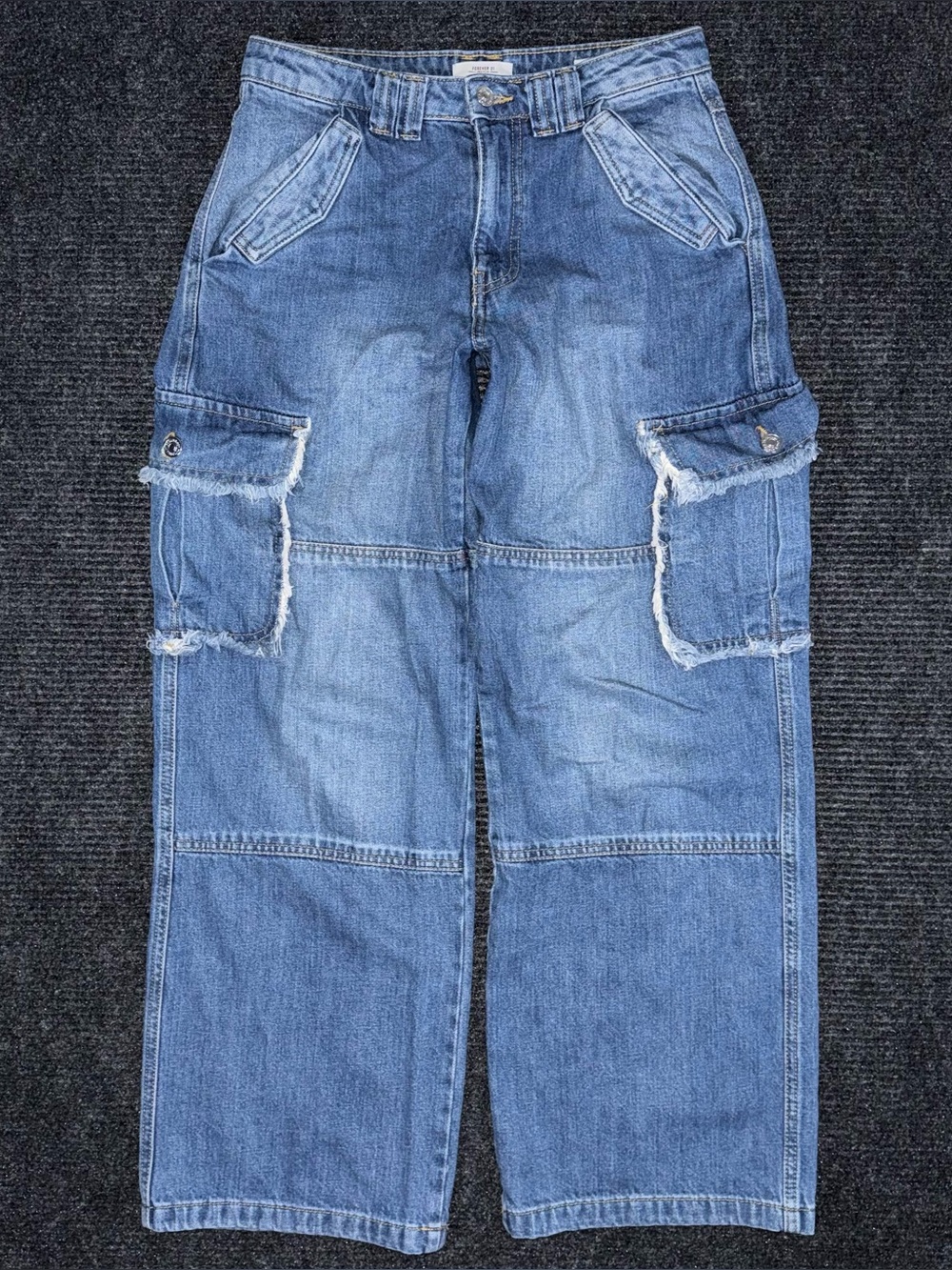 Baggy Wide Leg Cargo Denim Blue Jeans Relaxed Skater Grunge Fray Pocket Women 27